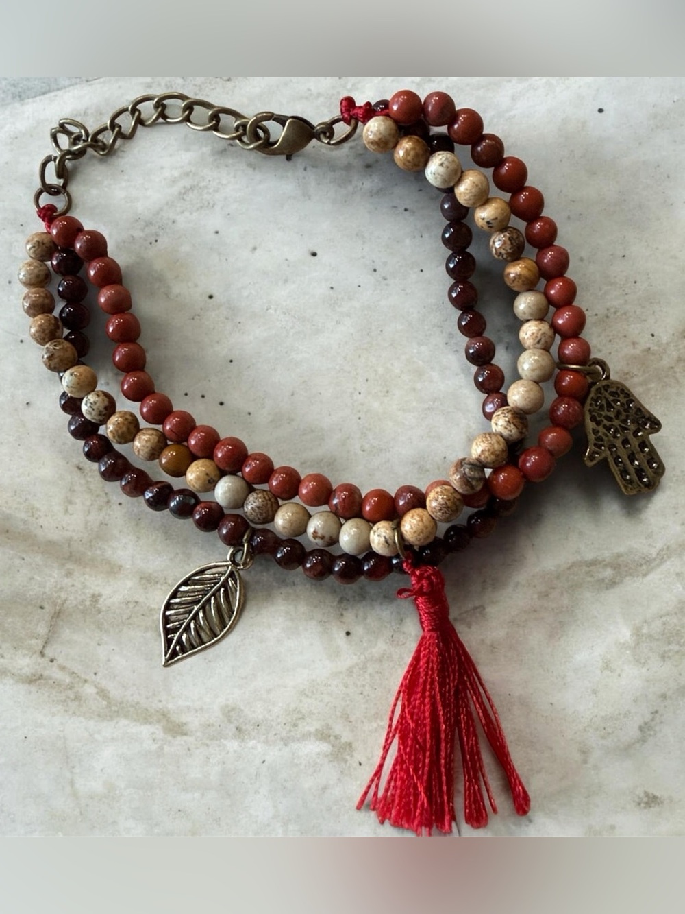 Bohemian Layered Beaded Charm Bracelet with Red Tassel!